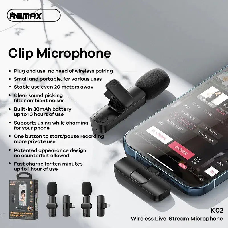 Micrófono Inalámbrico Lightning Remax K02L Negro