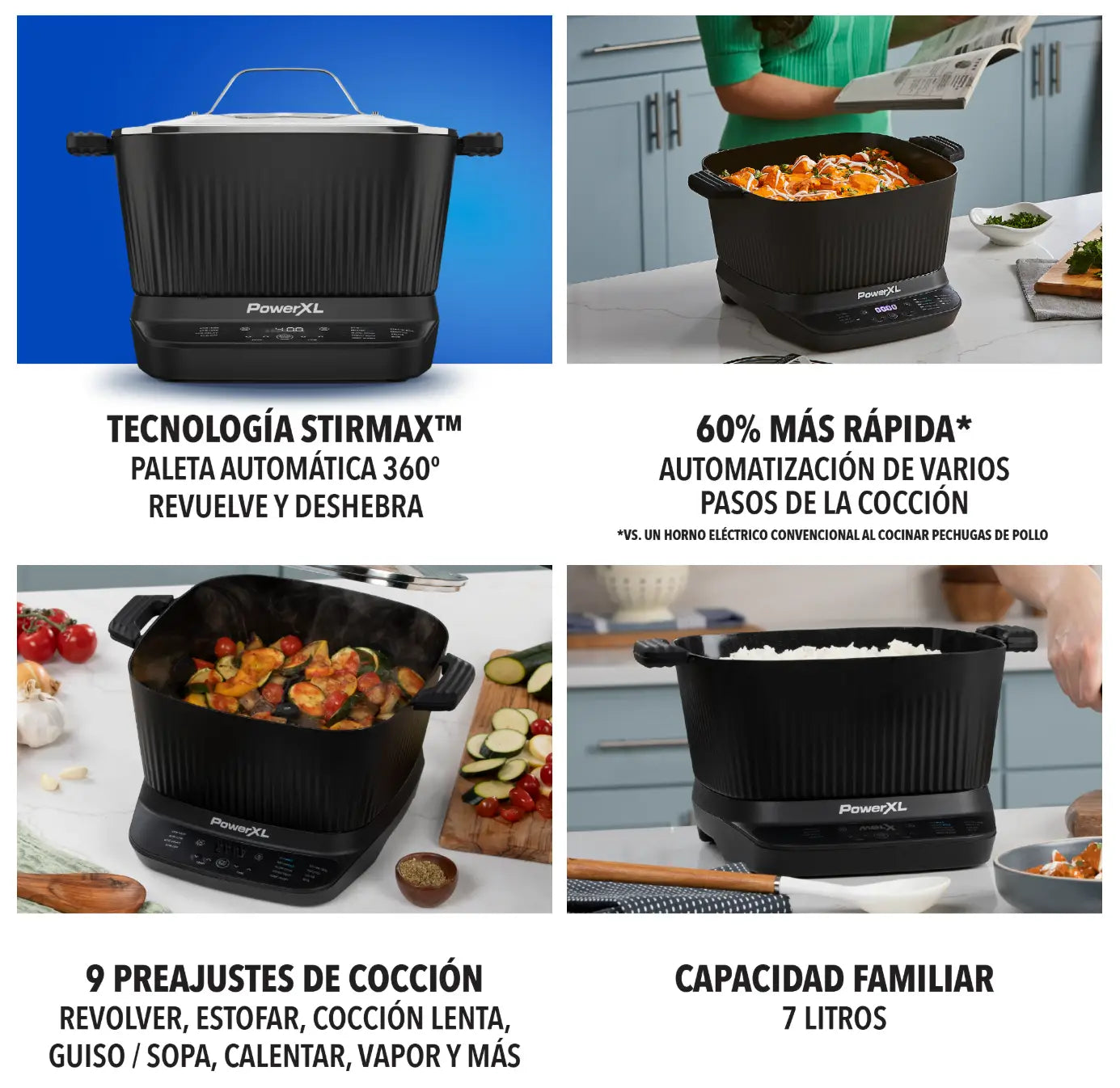 Olla Multifuncional Power XL Stirmax de 7 Litros Negra MC107D-1GPLA con tecnología Stirmax™.
