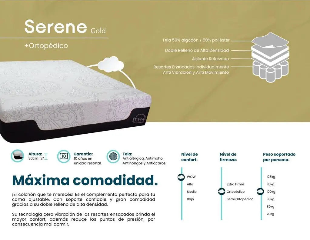 Colchón Serene Gold Ortopédico Dorma con niveles de confort y firmeza, envío seguro a Costa Rica.