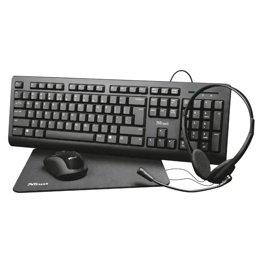 Set Oficina 4 en 1 Teclado, Mouse, Audífonos y Mouse Pad Trust Primo Negro (24262)