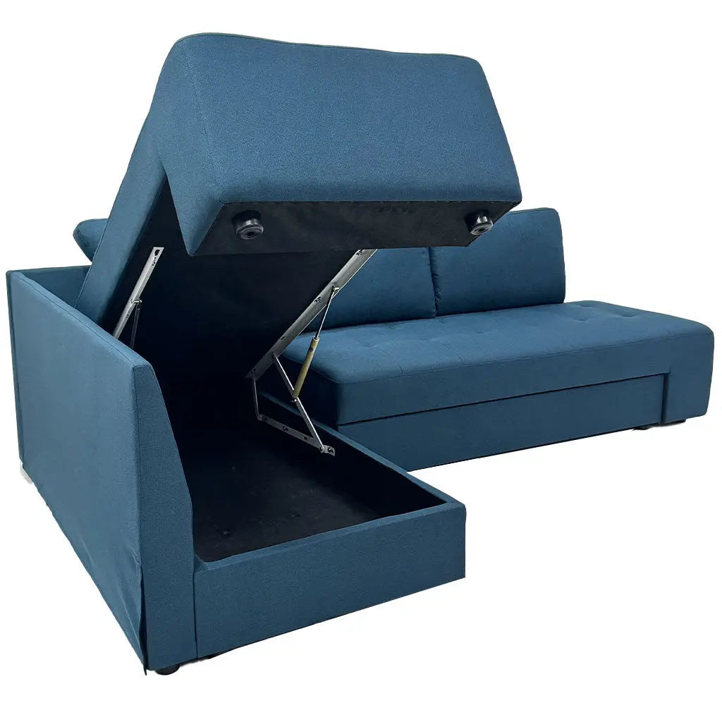 Sofá Cama Seccional Lino Azul con Chaise con Baúl y Tomas USB Tokoa (SA-4326) yapcr.com Costa Rica