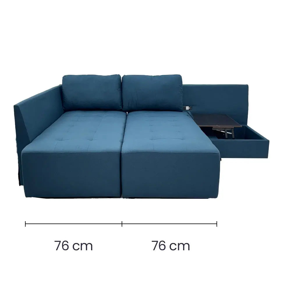 Sofá Cama Seccional Lino Azul con Chaise con Baúl y Tomas USB Tokoa (SA-4326) yapcr.com Costa Rica