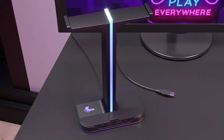 Soporte Doble para Audífonos con Luz RGB y 2 Puertos USB Yurei Xtech (XTH-690)