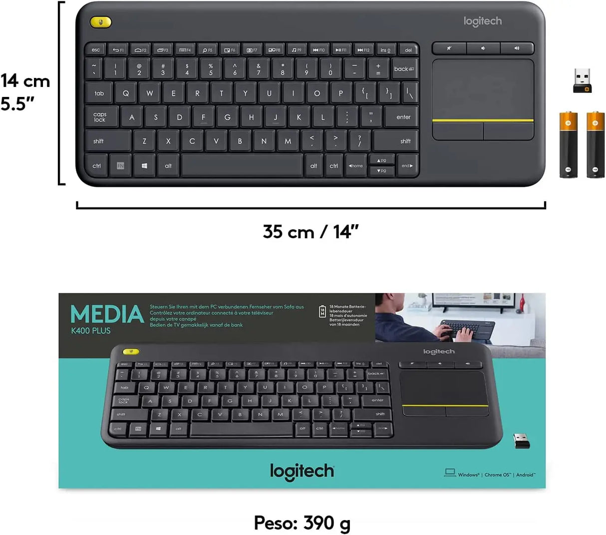 Teclado Inalámbrico con TouchPad Logitech K400 Plus Español Negro (920-007123)