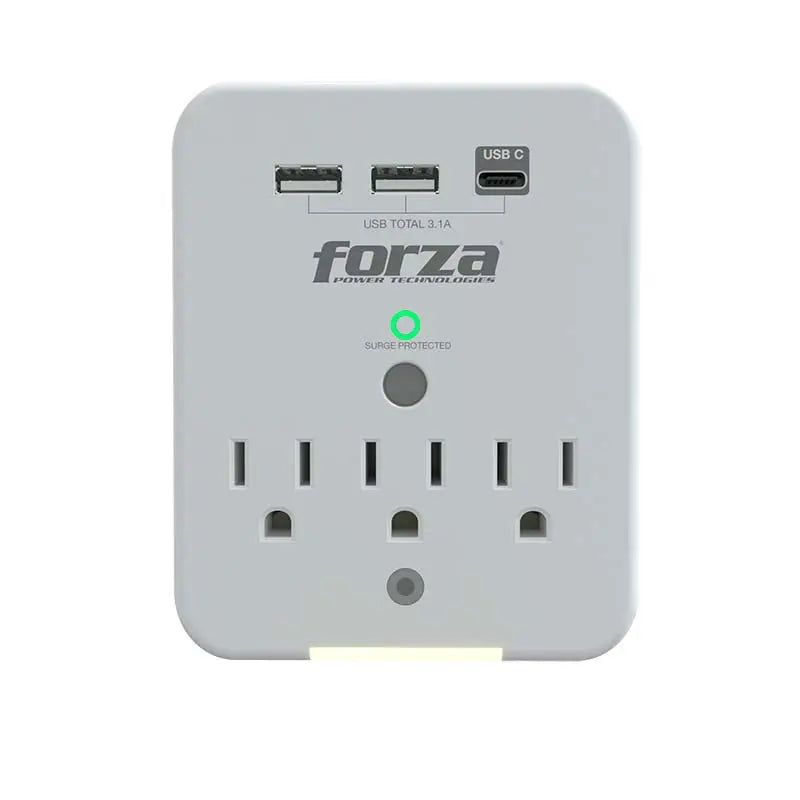 Tomacorriente + Protector Contra Sobrecargas + Estación de Carga USB Forza (FWT-331USBC)