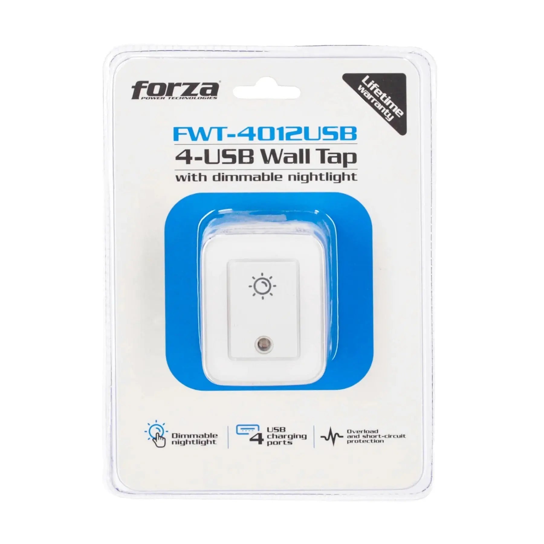 Tomacorriente de Pared con 4 Puertos USB y Luz Nocturna Forza (FWT-4012USB)