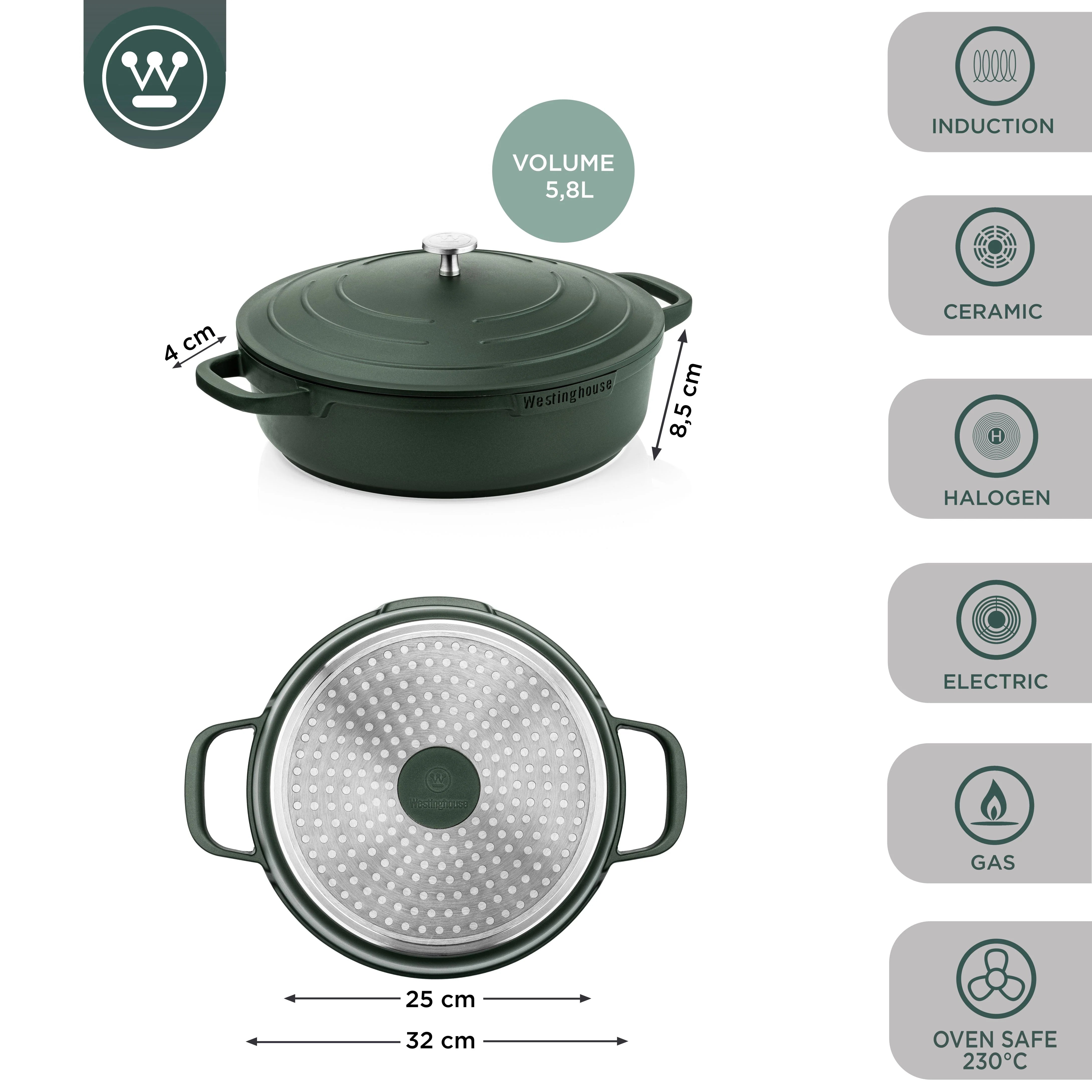 Cacerola Baja Performance Verde Antiadherente 32 cm Westinghouse (WCCC0095L32SG)