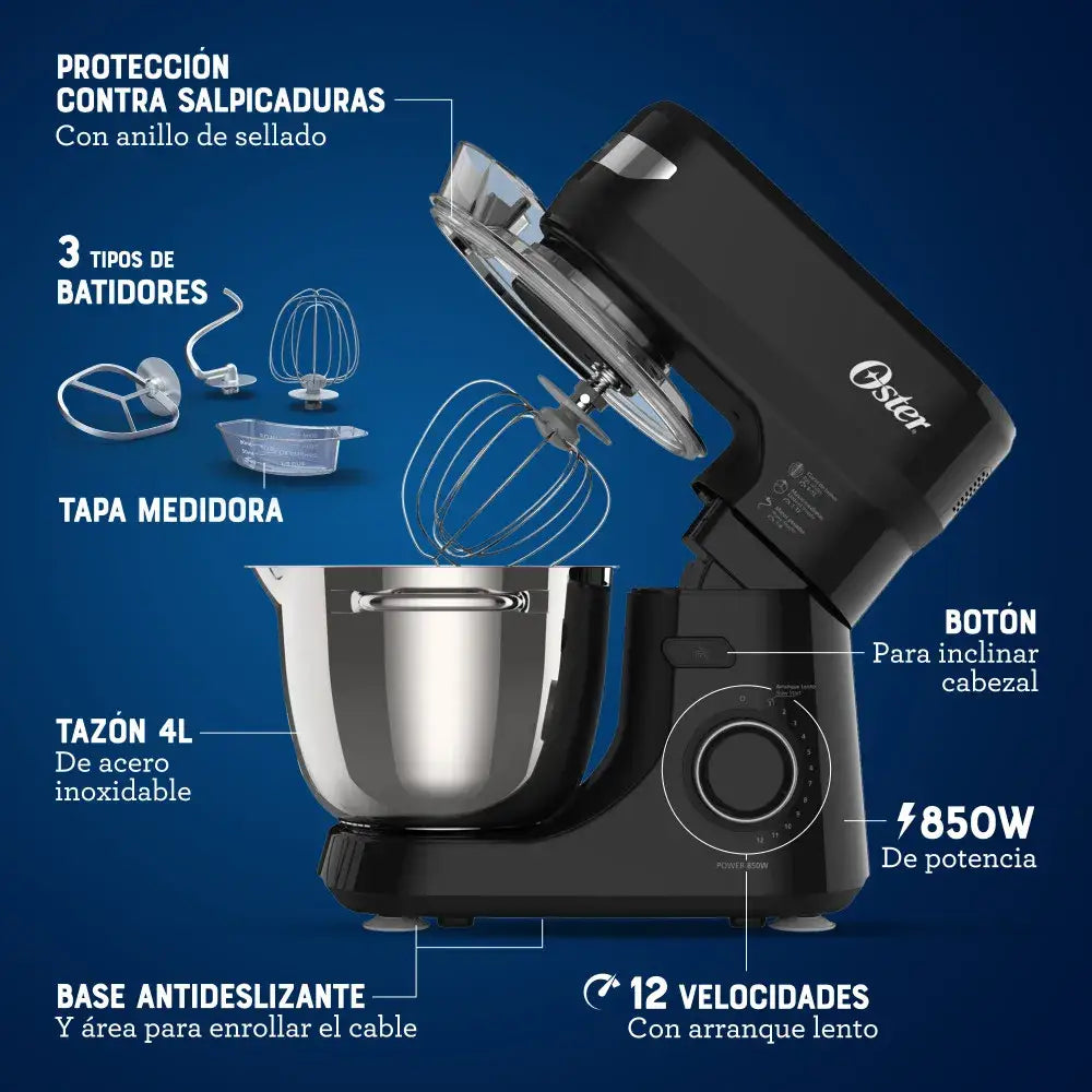 Batidora Planetaria Oster 12 Velocidades 4 Litros 850W Negra (FPSTSMPL2B) Batidoras