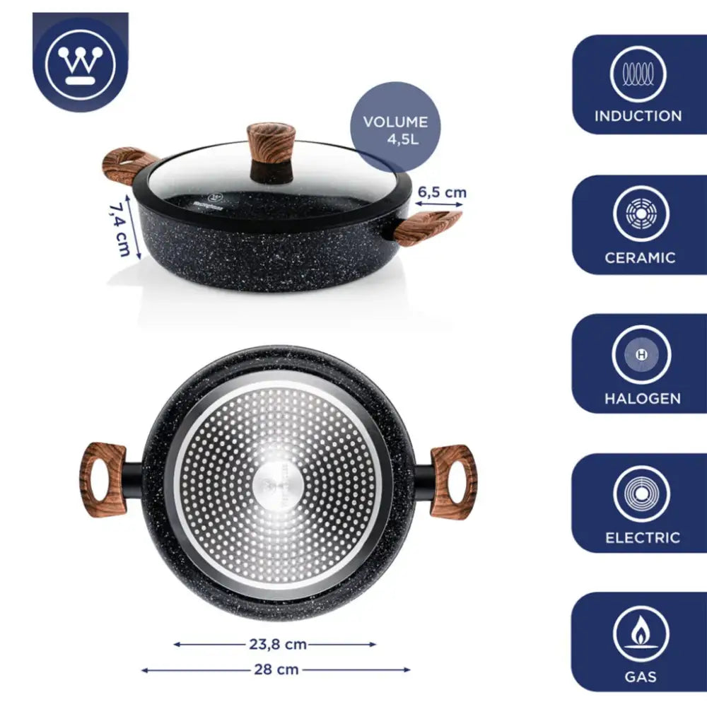 Cacerola Baja con Tapa Acabado Mármol Negro 28 cm Westinghouse (WCCC0085L28MBB)