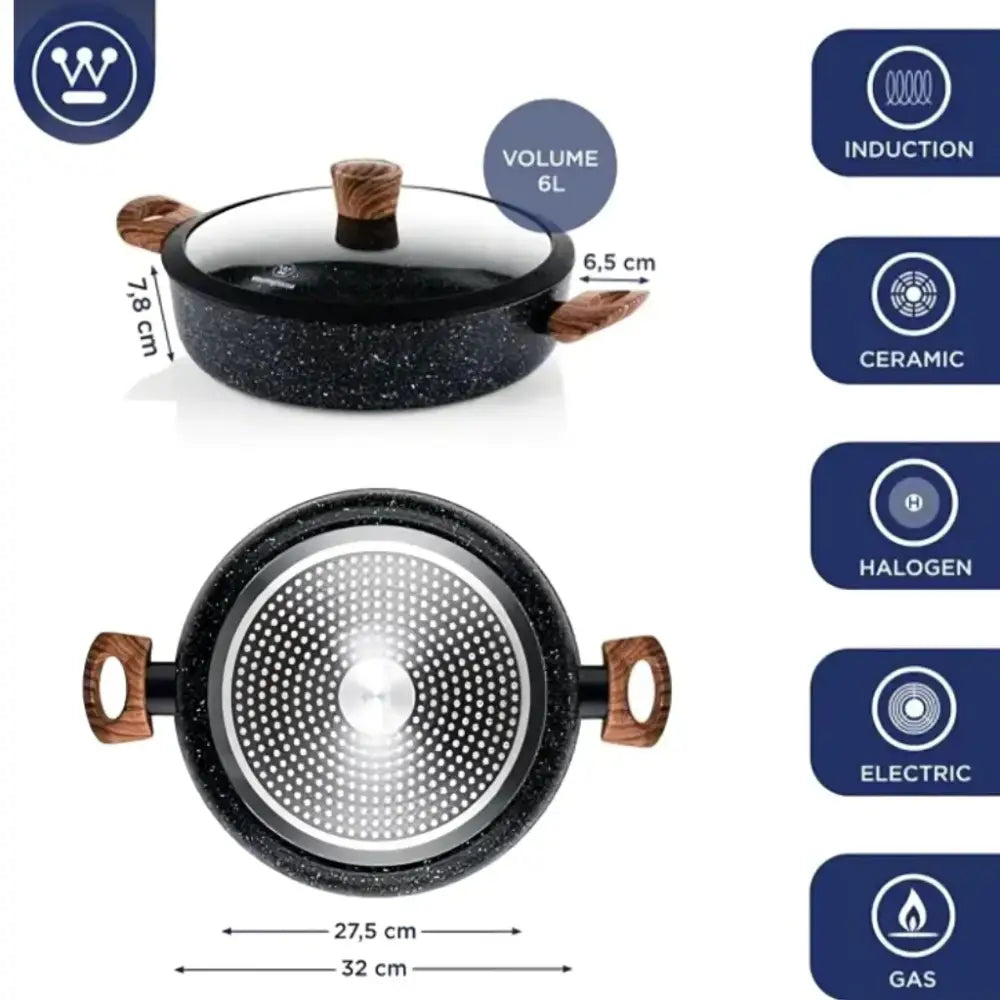 Cacerola Baja con Tapa Acabado Mármol Negro 32 cm Westinghouse (WCCC0085L32MBB)