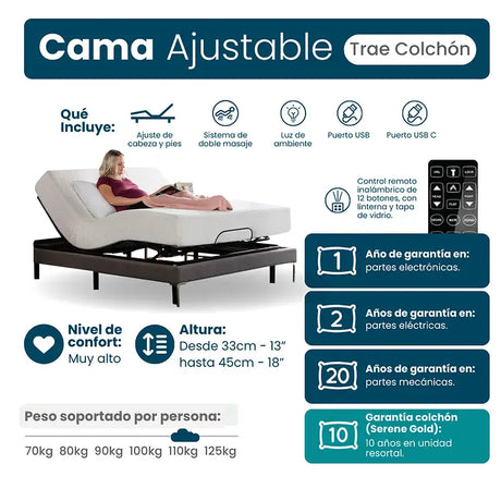 Cama Ajustable Eléctrica con Colchón Serene Gold Ortopédico - Camas