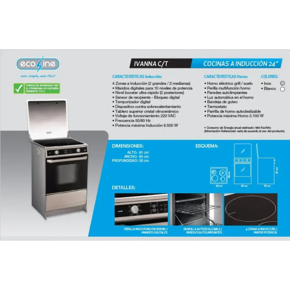 Cocina Eléctrica de Inducción 24’’ Ecoline (Ivanna Acero) + Regalía Juego Ollas Monix 6 Piezas - Cocinas