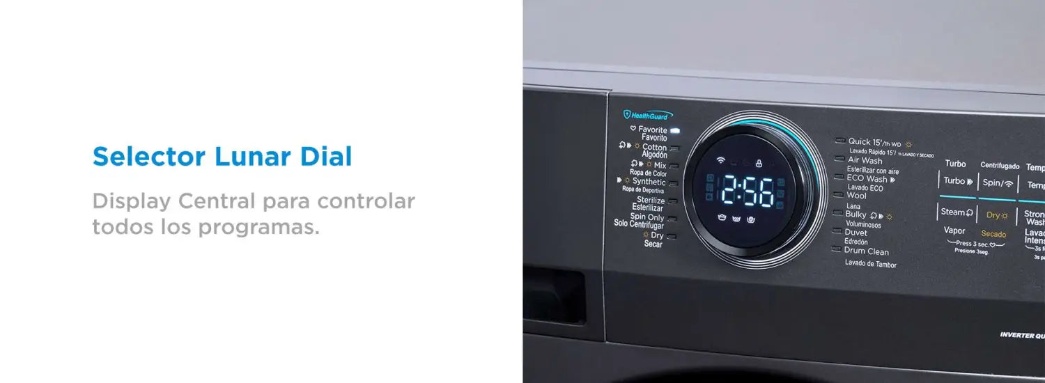 Panel de control de Lavadora/Secadora Midea con motor inverter y opciones de lavado rápido.