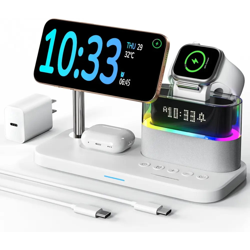 Estación de Carga Inalámbrica 5 en 1 con Reloj Despertador QUVFHE C09 Blanca - Base