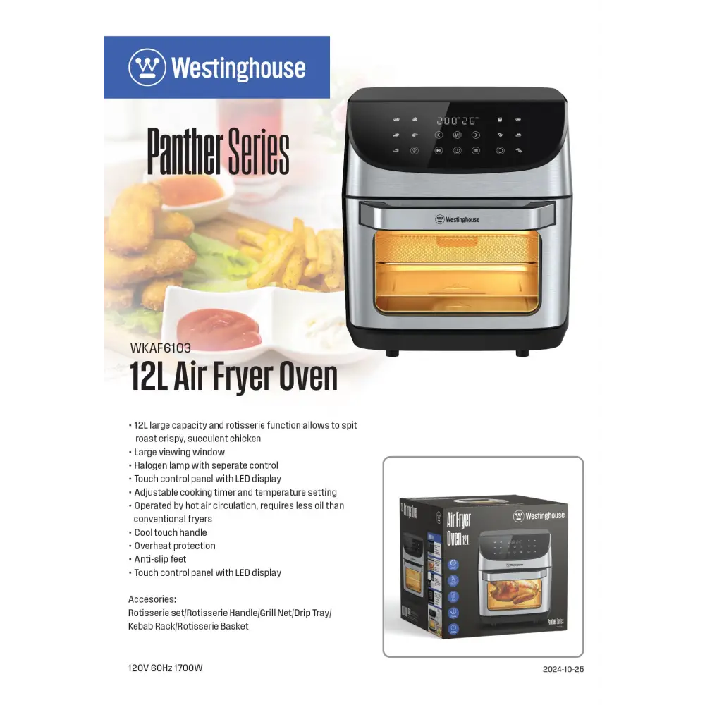 Horno Freidor de Aire Digital 12L con Rostizador Westinghouse (WKAF6103) - Hornos Multifuncionales