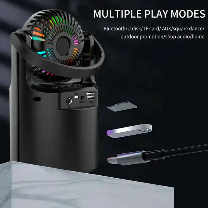Parlante Portátil Recargable Biconic con Ventilador y Luz LED 3W – Bluetooth FM USB AUX TF 3 h Negro (BC-AU-BS-231-BK)