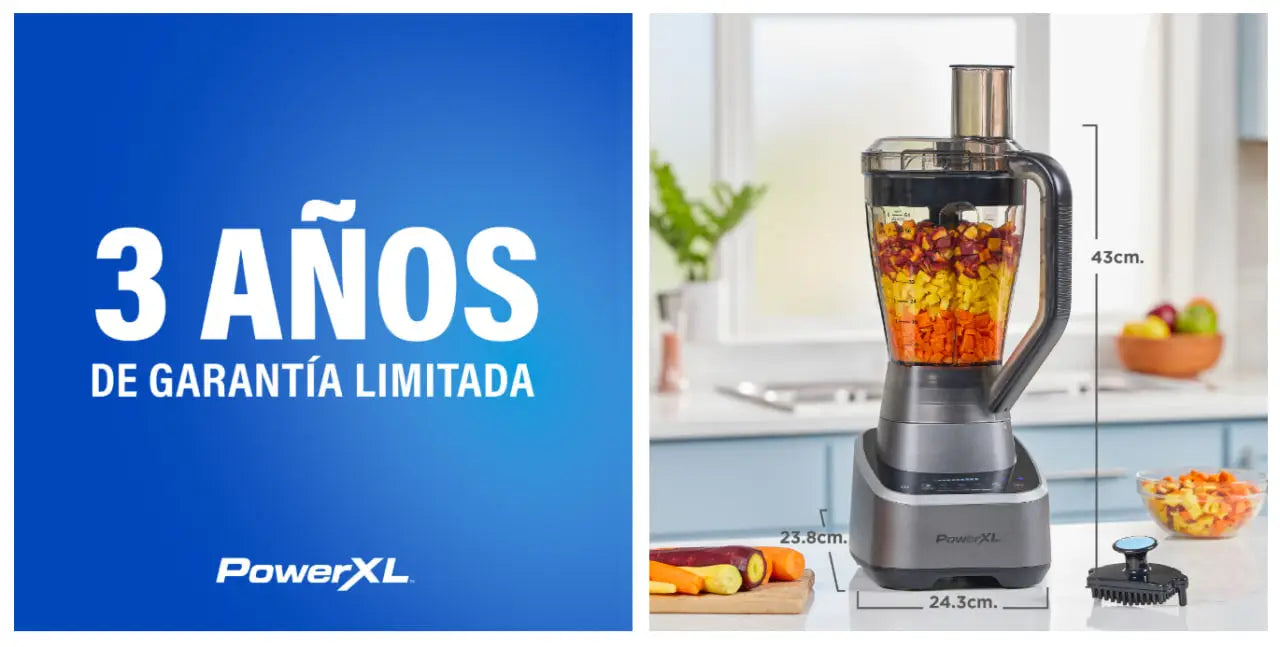 Vista lateral del procesador de alimentos Sensimax 2 Litros con dimensiones y funciones sensitivas inteligentes