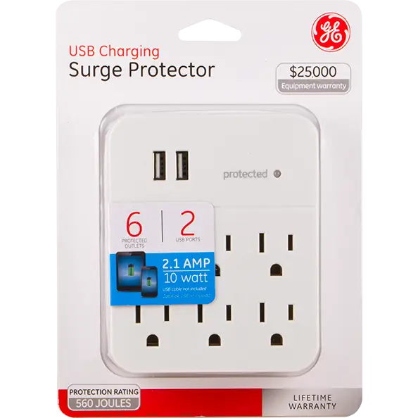 Protector de Picos 6 Tomas + 2 USB Pared 560J GE (36735) - Protectores Voltaje
