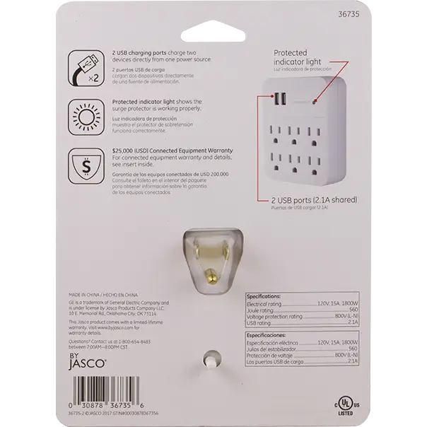 Protector de Picos 6 Tomas + 2 USB Pared 560J GE (36735) - Protectores Voltaje