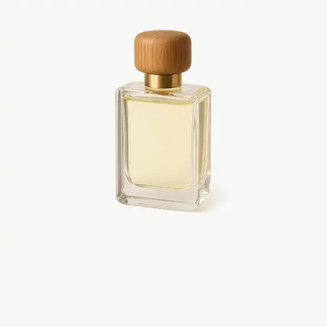 Frasco de perfume de vidrio rectangular con un líquido de color claro y una tapa de madera de color marrón claro.