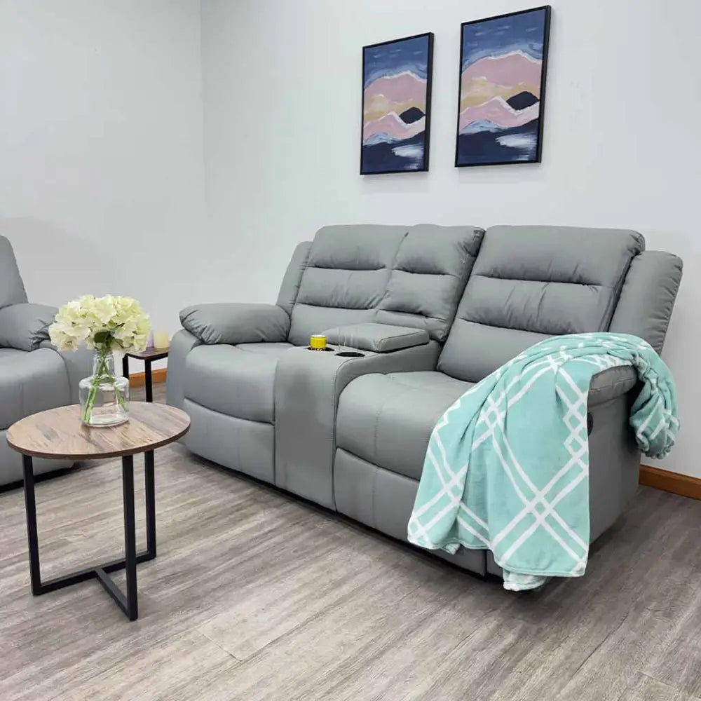 Sillón Reclinable Doble con Portavasos Tela Vinilo Antirayaduras Gris Tokoa (SA-4342)