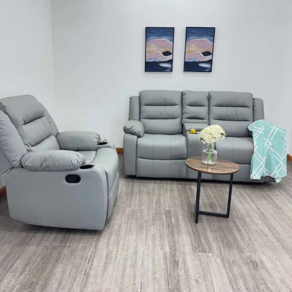 Sillón Reclinable Doble con Portavasos Tela Vinilo Antirayaduras Gris Tokoa (SA-4342)