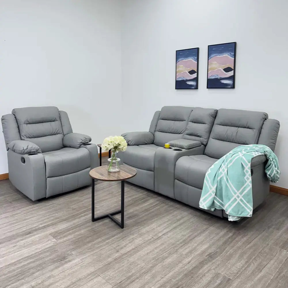 Sillón Reclinable Individual con Portavasos Tela Vinilo Antirayaduras Gris Tokoa (SA-4343)