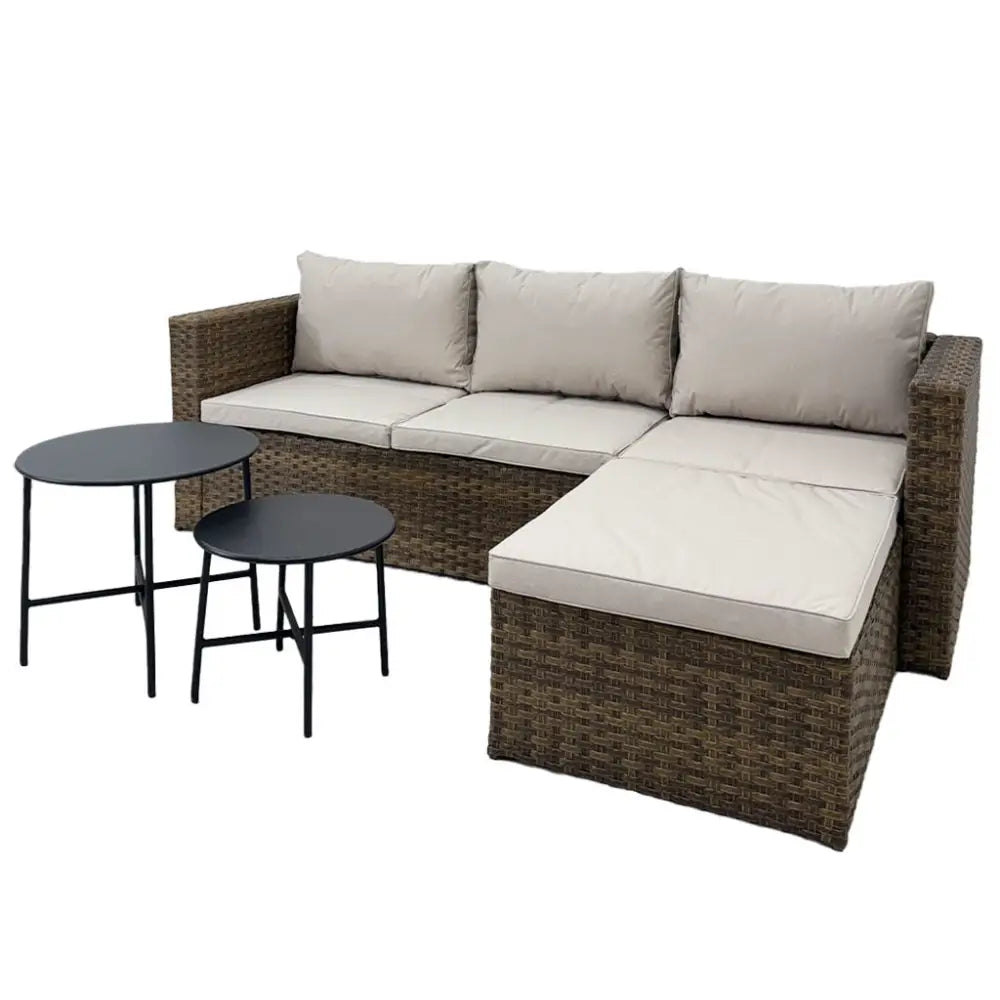 Sofá Seccional en L de Ratán Sintético Café Claro y Tela Lino Beige con Mesitas Tokoa (EX 7166) Juego Terraza