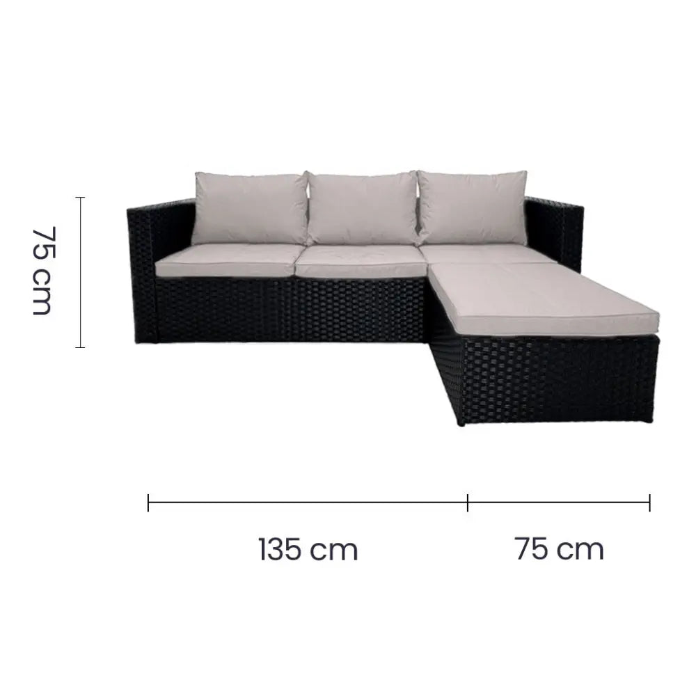 Sofá Seccional en L de Ratán Sintético Negro y Tela Lino Beige con Mesitas Tokoa (EX 7167) Juego Terraza