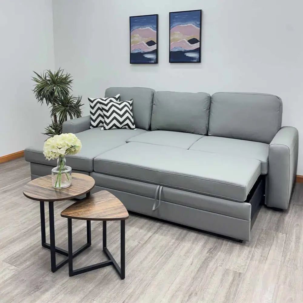 Sofá Seccional Tela Vinilo Antirayadura Gris con Cama y Chaise Baúl Tokoa (SA-4339)