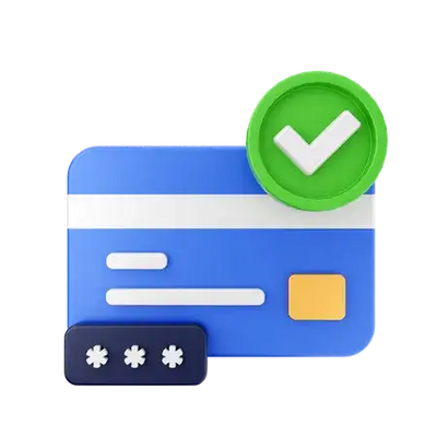 Tarjeta de crédito azul con marca de verificación verde y asteriscos para seguridad.